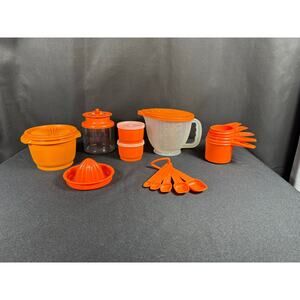 Vintage Tupperware Orange Mixing Bowl Containers Measuring Cups & Spoons Juicer